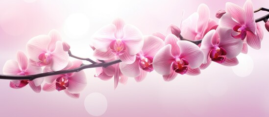 A stunning double exposure image of a branch adorned with beautiful pink orchid flowers providing plenty of copy space