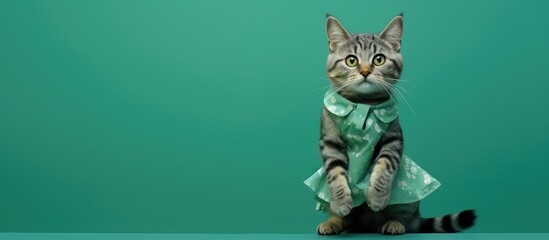 A cat wearing a dress poses in front of a green background in a copy space image
