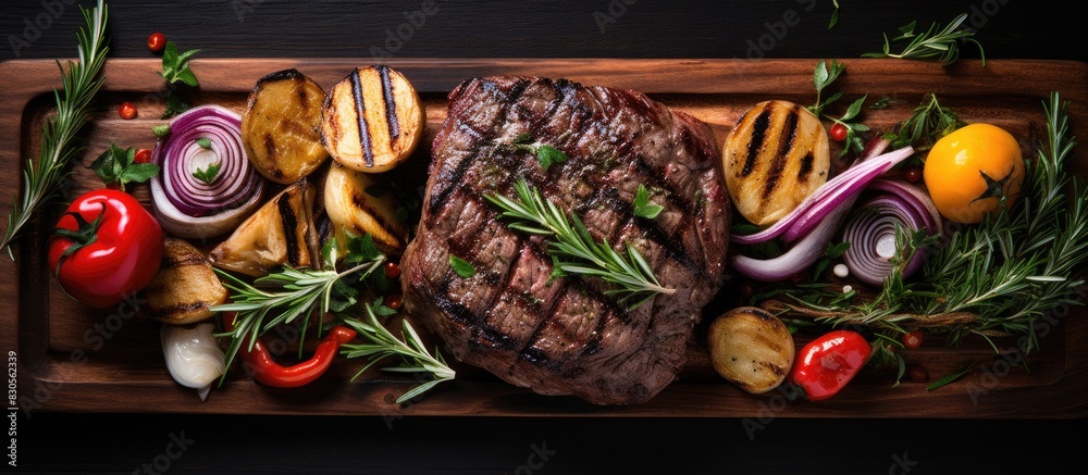 Poster top view of grilled beef steak and vegetables on a wooden board set against a black background with 