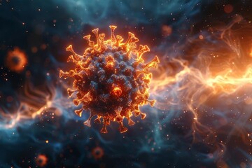 Coronavirus particle in space, detailed 3D model, starry background, futuristic theme