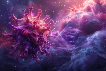 COVID-19 virus floating in cosmic environment, dark space backdrop, digital illustration