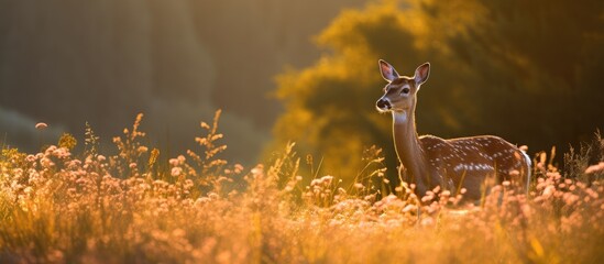 A graceful doe roams through a sun kissed meadow in the late afternoon providing a captivating copy space image