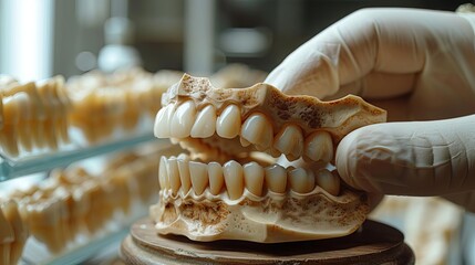 Obraz premium Gloved hand inspecting teeth, close-up, dental check-up, high resolution, clear focus