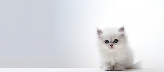 A cute white fluffy kitten sitting on a light background with copy space image