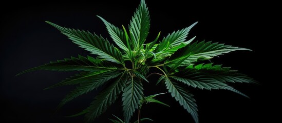 A cannabis leaf against a black backdrop providing ample copy space in the image