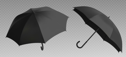 Black rain protection umbrella mockup side and back view for branding promotion. Realistic 3d vector set of blank open automatic parasol with handle template in different angles. Weather accessory. © klyaksun