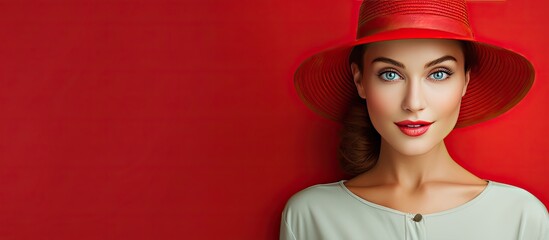 A pleasant young woman wearing a vibrant red hat. Creative banner. Copyspace image