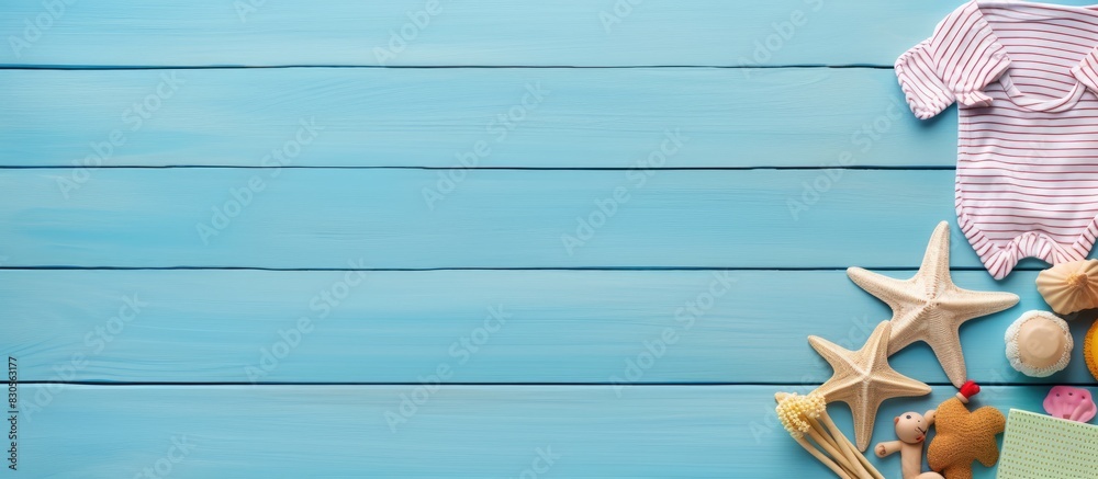 Poster a top down view of a baby child and summer essentials arranged on a blue wooden backdrop at the beac