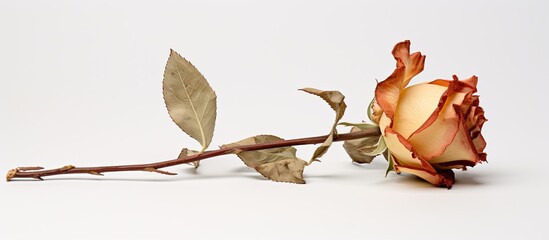 A white background with a dried rose on it leaving empty space for other images. Creative banner. Copyspace image