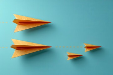 Three yellow paper airplanes flying upward, blue background, minimalistic, digital art