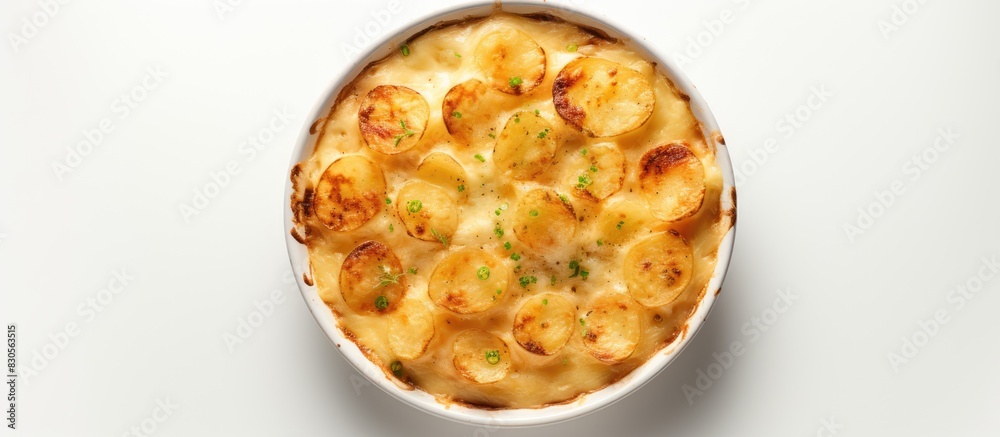 Aufkleber a top down view of a ceramic dish filled with potato gratin rests on a white table leaving room for 