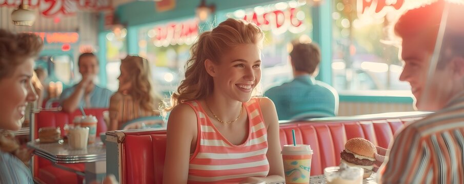 Retro Soda Fountain Gathering of Lively Teenage Friends Enjoying Milkshakes and Burgers in Nostalgic 1950s Inspired Diner