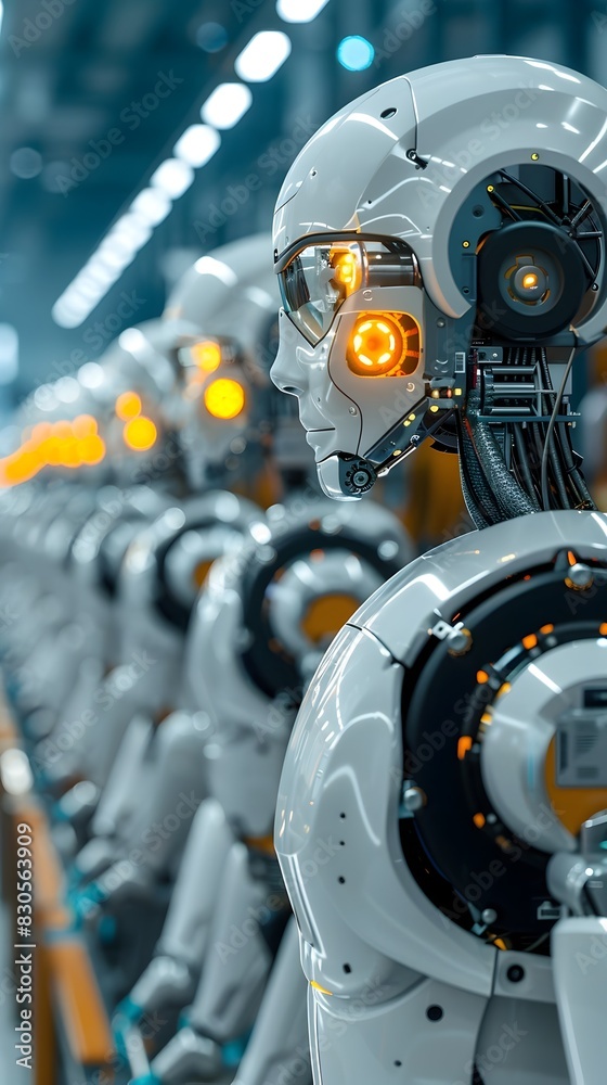 Poster advanced robotics assembly line producing next robots modern technology concept