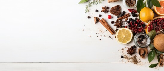 A flat lay composition featuring a white wooden table adorned with dried herbal tea leaves fresh fruits and space for text in the image. Creative banner. Copyspace image
