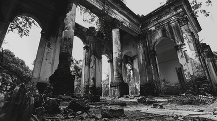 Deserted monochrome image of a grand deteriorating structure