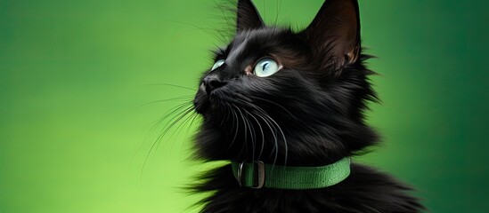 Adorable black kitten with long hair wearing a bell collar gazes slightly above viewers on a green background Copy space image