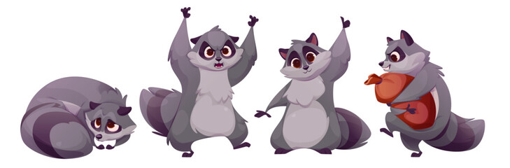 Cute racoon characters set isolated on white background. Vector cartoon illustration of animal mascot lying scared, angry waving paws, making thumbs-up sign, thief carrying bag, funny gray pet
