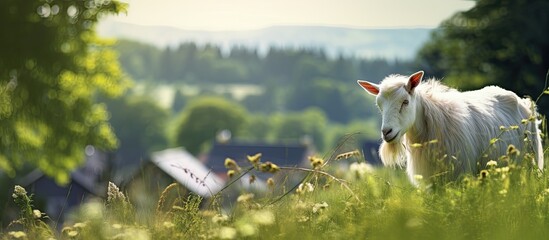 A goat is seen peacefully grazing in a meadow within a village creating a tranquil backdrop for text or inscriptions. Creative banner. Copyspace image