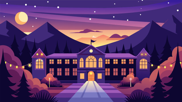 As the sun set the boarding school transformed into a magical place with ling lights and laughter filling the air.. Vector illustration