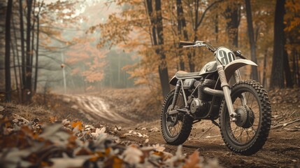 Obraz premium The dirt bike is parked on a forest trail. The fall leaves are on the ground. The bike is white and has a black seat. The sky is hazy.