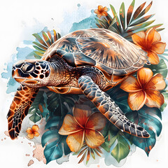 Sea turtle amidst tropical flora, depicted in a natureinspired illustration