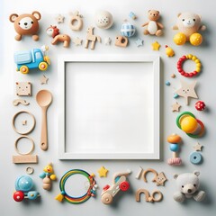 Obraz premium AI Generate of A Kid Toys, Toys with White Blank Frame in Middle for Copy Text. Top View. Flat Lay.White Background.