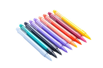 Fototapeta premium Colorful ballpoint pen set PNG, assorted plastic click pens in rainbow colors, office stationery writing tools isolated on Transparent Background
