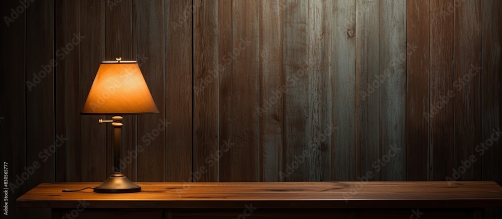 Poster Dark room with a wooden table featuring a glowing lamp providing ample copy space image