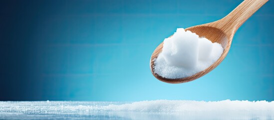 A wooden spoon contains white sugar with a blue background providing a copy space image