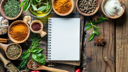 Vibrant assortment of herbs and spices Fragrant elements on wooden surface with empty notebook space - Powered by Adobe