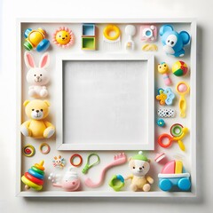 Obraz premium AI Generate of A Kid Toys, Toys with White Blank Frame in Middle for Copy Text. Top View. Flat Lay.White Background.