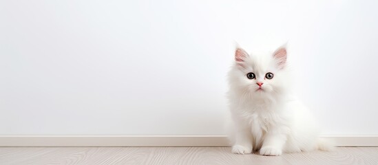 A cute white fluffy kitten sitting on a light background with copy space image