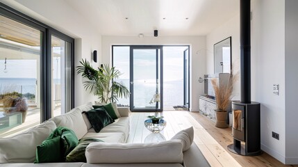 Fototapeta premium A modern living room with white walls, large windows showing the sea view outside and wooden floorboards. A black woodburning stove in front of an elegant sofa with green cushions on it. The space is