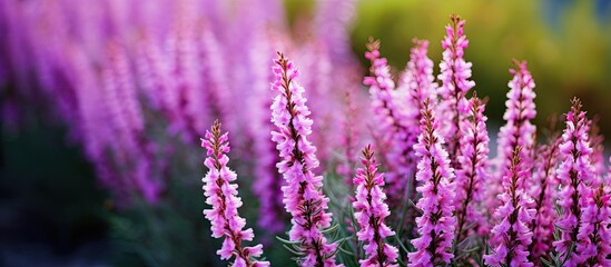 A copy space image showcasing blooming Calluna flowers in a garden providing a natural background