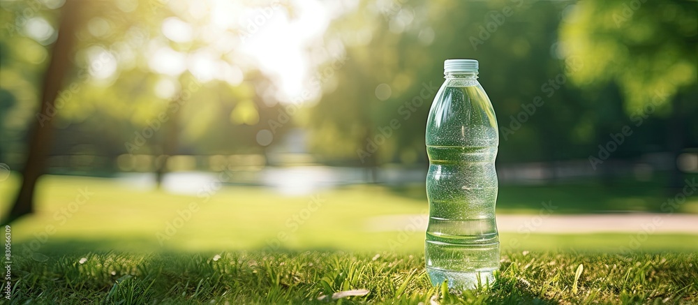 Poster A refreshing bottle of water rests on the lush green lawn with plenty of empty space surrounding it for a clean and uncomplicated image. Creative banner. Copyspace image