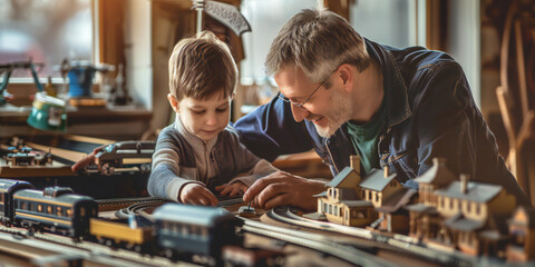 A parent and child as they work on a model train set together, building tracks and stations while bonding over their shared hobby