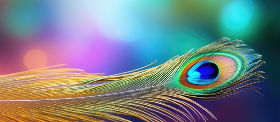 A close up photograph of a vibrant multicolored peacock feather with a blurred abstract background copy space image