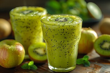 Apple Kiwi Smoothie - Light green with apple and kiwi slices. 