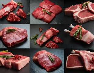 Collage of raw meat steak beef or pork with spices and herbs on a black background.