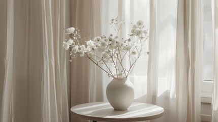 The photo shows a vase of white flowers sitting on a table in front of a window. The flowers are illuminated by soft sunlight. The photo is peaceful and calming.
