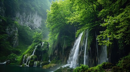 Trees and waterfalls surrounded by nature