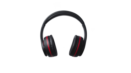 A pair of headphones with red and black accents, isolated on transparent background