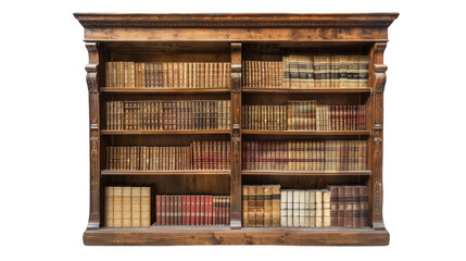 A large wooden bookcase with many books on it. The books are of different sizes and colors. The bookcase is very tall and has many shelves, isolated on transparent background