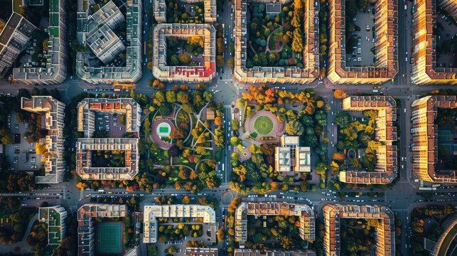 Aerial view of a major city showcasing a structured layout with well-organized blocks and streets. The city is meticulously planned, with clear grid patterns and orderly road networks. Buildings are