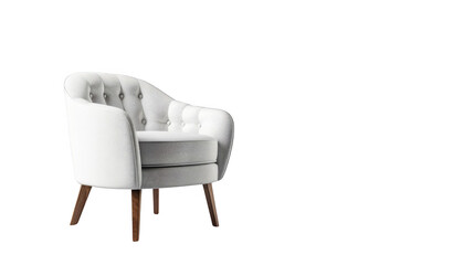 A white chair with a brown frame sits on a white background. The chair is a modern design with a unique shape and a comfortable cushion, isolated on transparent background