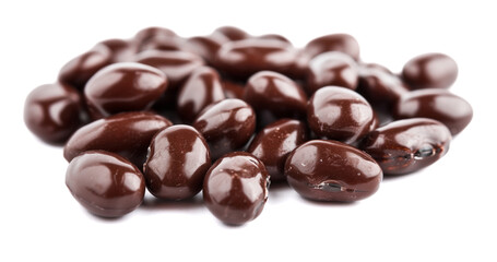 Chocolate covered almonds on a plain white background.
