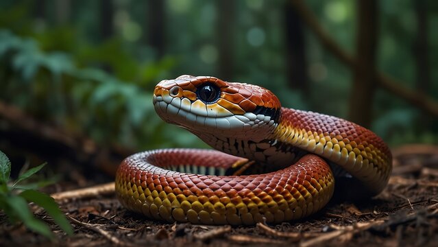 portrait of a beautifully patterned snake relaxing on a tree trunk with a blurred background