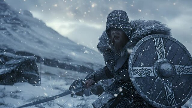 A warrior stands ready for battle in snowy terrain, sword and shield in hand