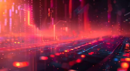 A futuristic city street with glowing trees and a digital data stream flowing down the road.