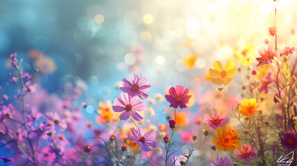 Sunlight in the flowers, Golden hour by a lake in Jurua Purple flowers in field at sunrise Beautiful  spring meadow at sunset, Generative Ai